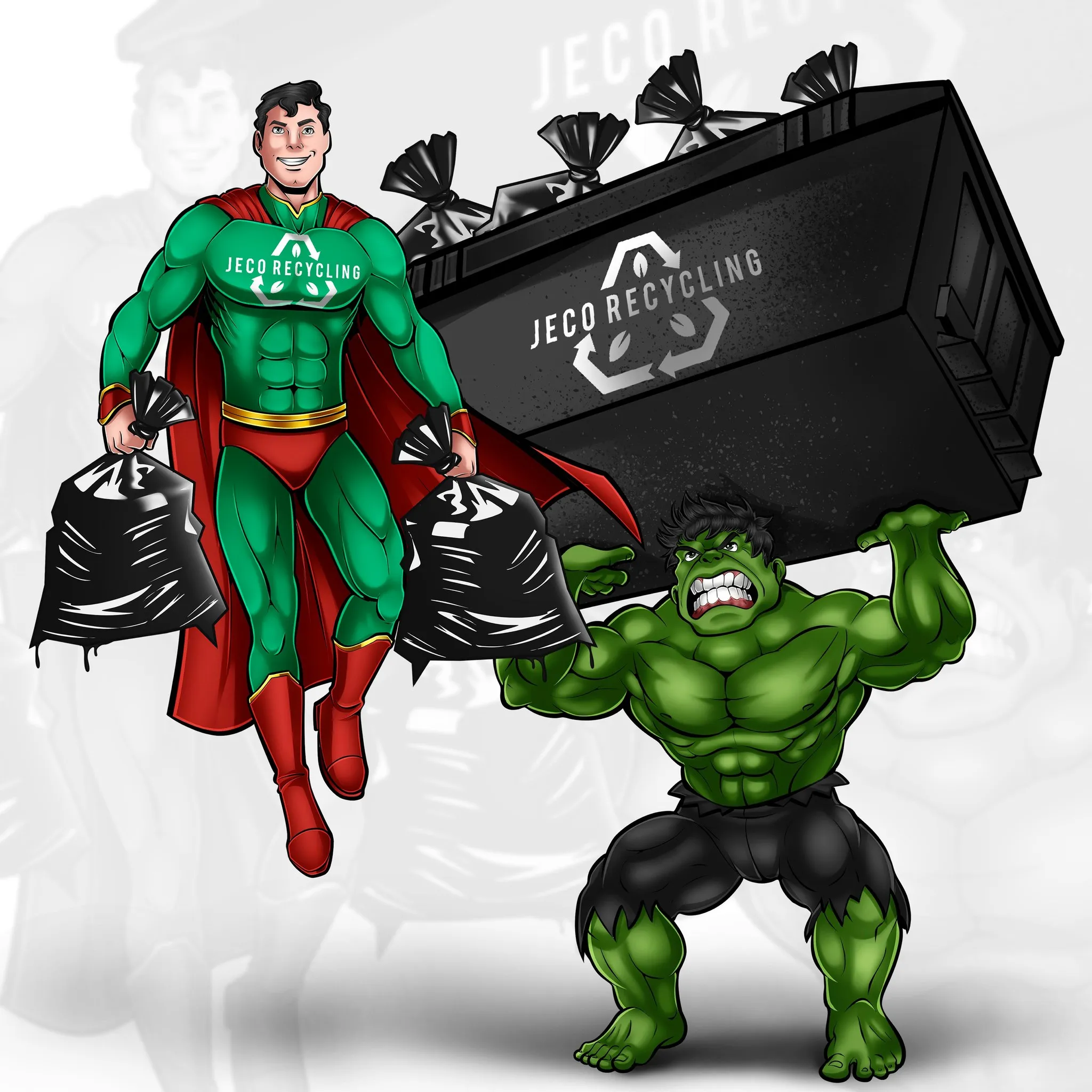 A cartoon of the Hulk and Jeco man in a red cape.